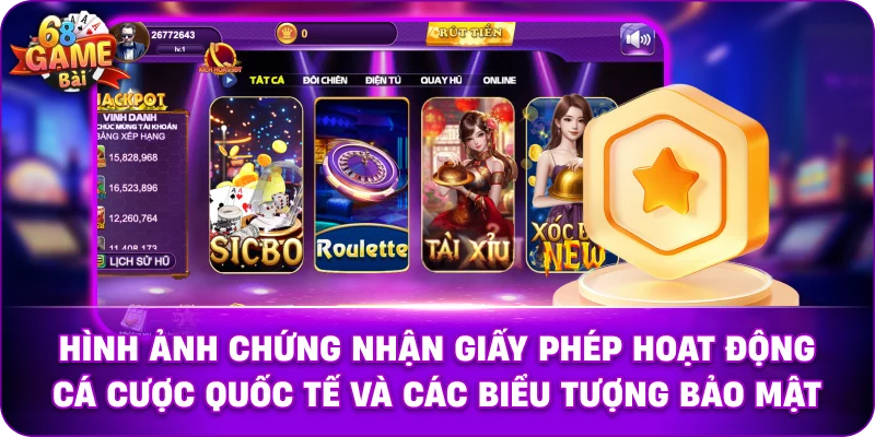 Hình ảnh chứng nhận giấy phép hoạt động cá cược quốc tế và các biểu tượng bảo mật.